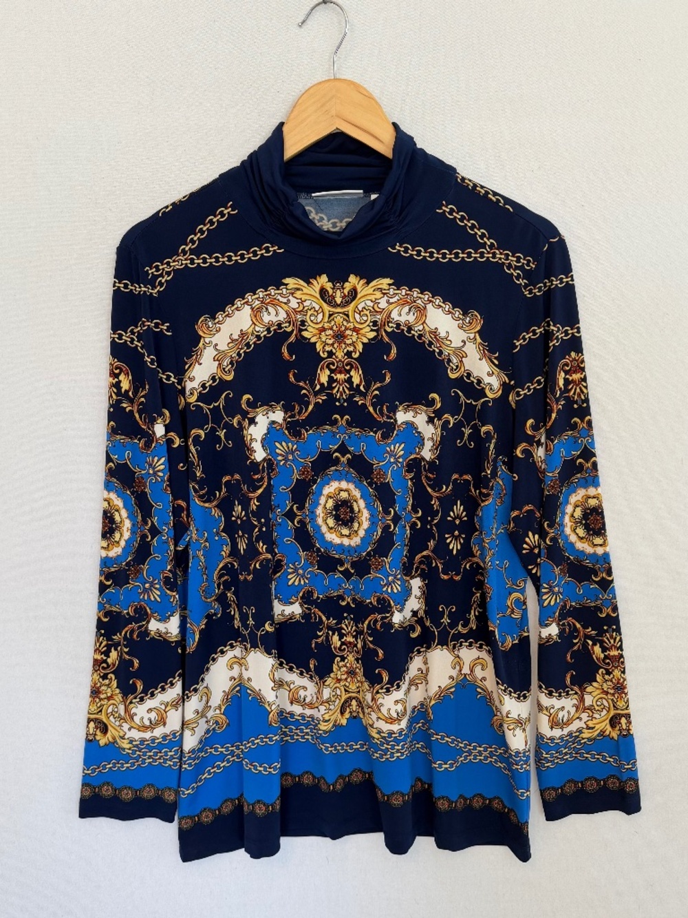 SUSAN GRAVER Women’s Large Liquid Knit Blue Scarf Print Mock Neck Tunic Top